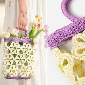 Lele Sadoughi Purple and Cream Crochet Flower Tote Bag